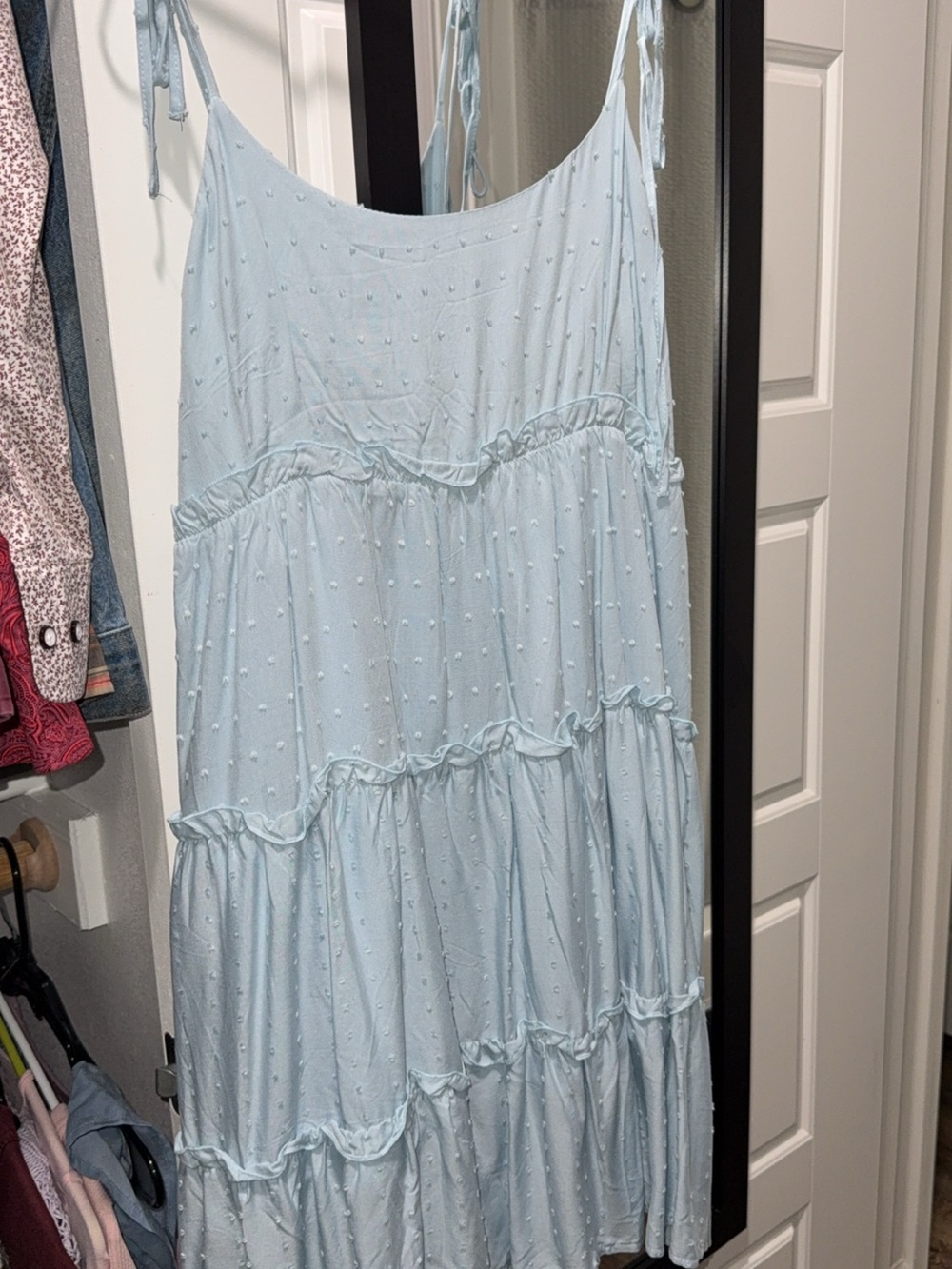 SHEIN Light Blue Tiered Swiss Dot Maxi Dress